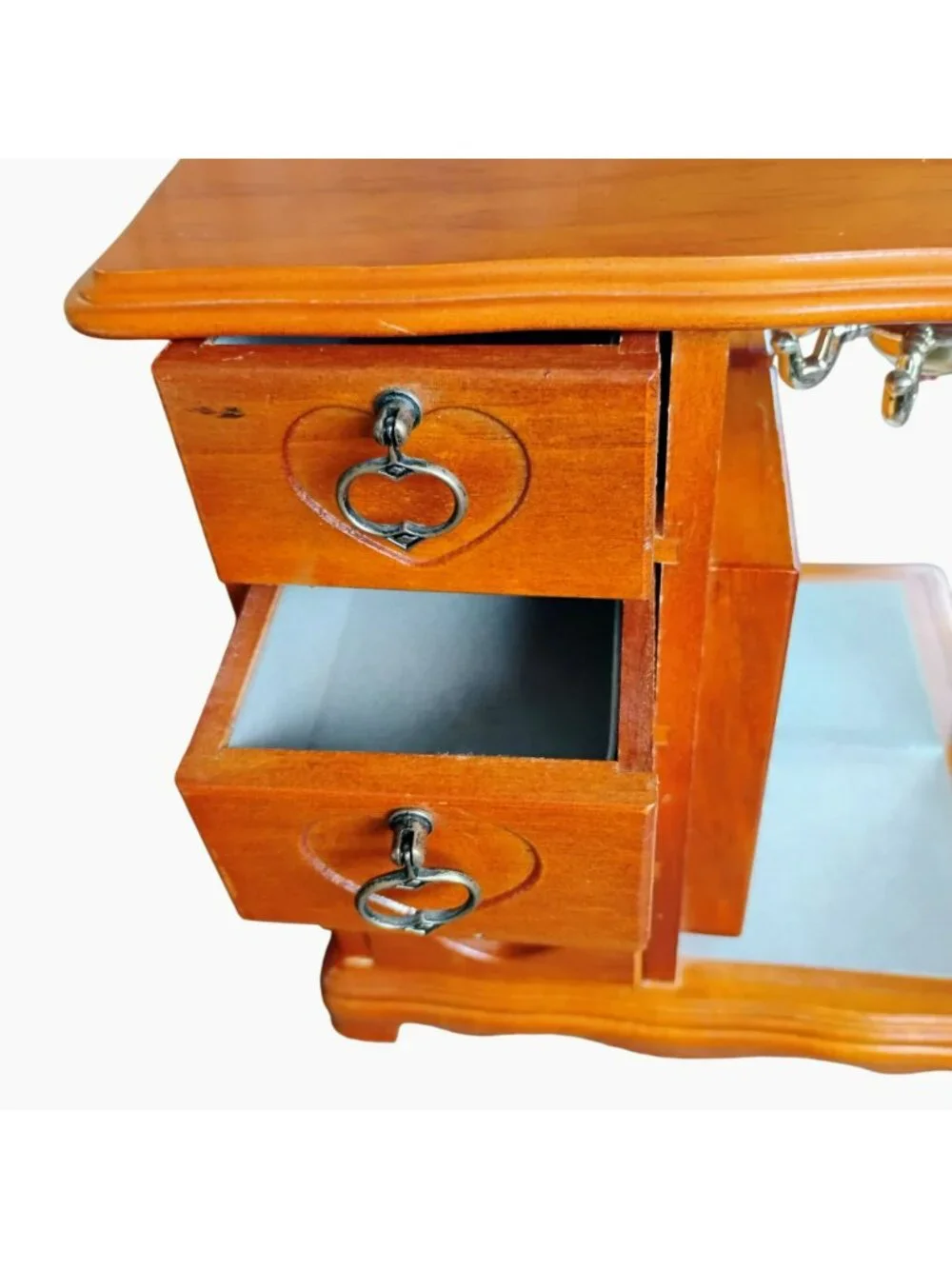 Wooden Jewelry Box w Heart Motif Glass Door & Velvet-Lined Storage Compartments